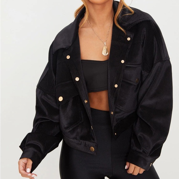 PrettyLittleThing Jackets & Blazers - PrettyLittleThing Black Velvet Corduroy Bomber Jacket with Gold Accents